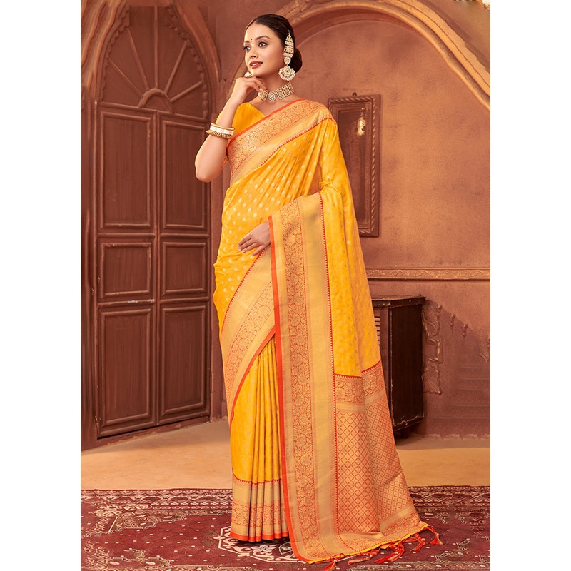 Yellow Spun Silk Saree With Blouse Piece - JD986581305