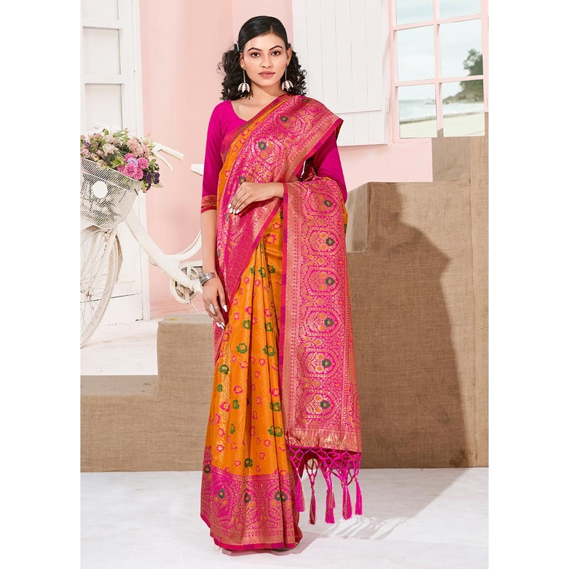 Yellow Spun Silk Saree With Blouse Piece - JD986581308