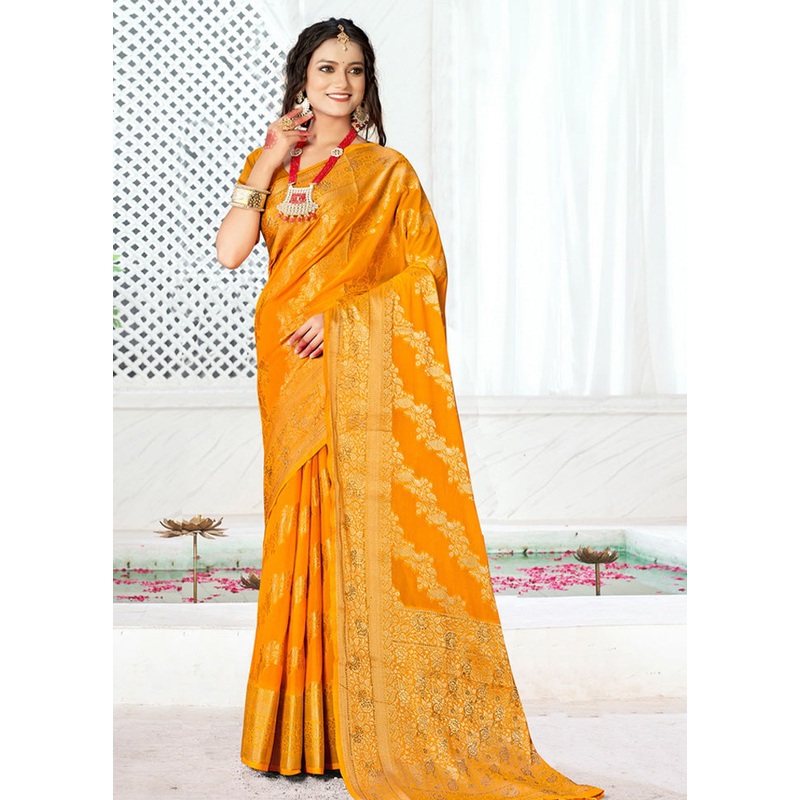 Yellow Spun Silk Saree With Blouse Piece - JD986581309