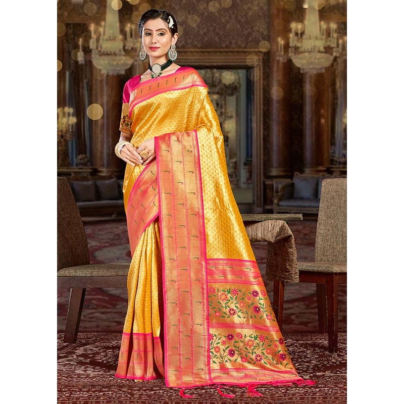 Yellow Spun Silk Saree With Blouse Piece - JD986581310