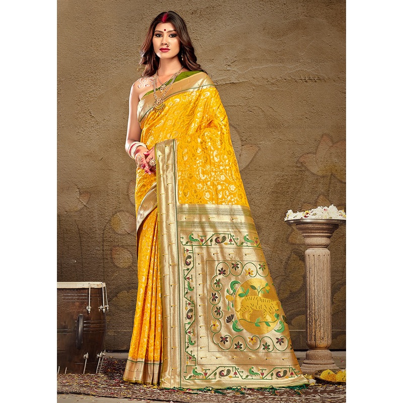 Yellow Spun Silk Saree With Blouse Piece - JD986581312