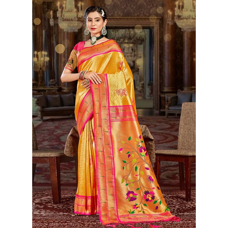 Yellow Spun Silk Saree With Blouse Piece - JD986581313