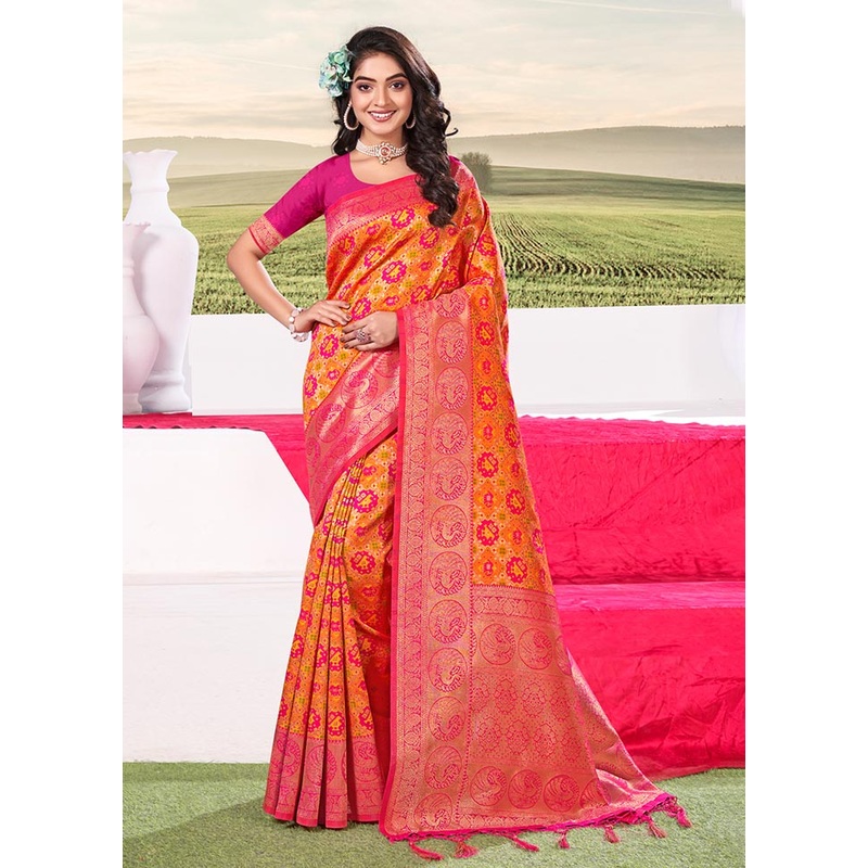 Yellow Spun Silk Saree With Blouse Piece - JD986581314