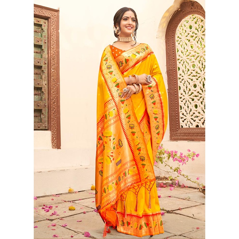 Yellow Spun Silk Saree With Blouse Piece - JD986581315