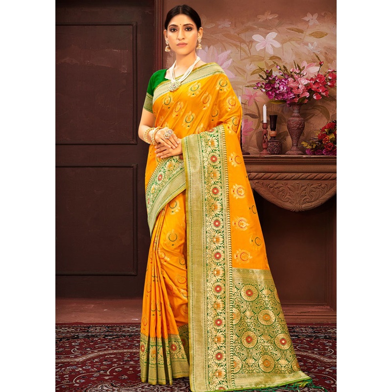 Yellow Spun Silk Saree With Blouse Piece - JD986581317