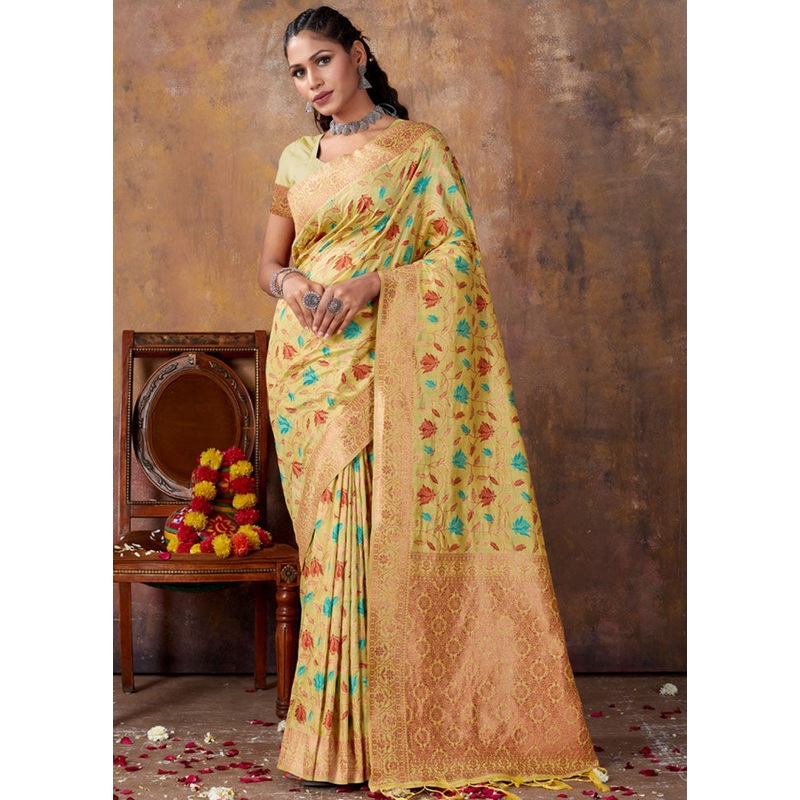 Yellow Spun Silk Saree With Blouse Piece - JD986581318