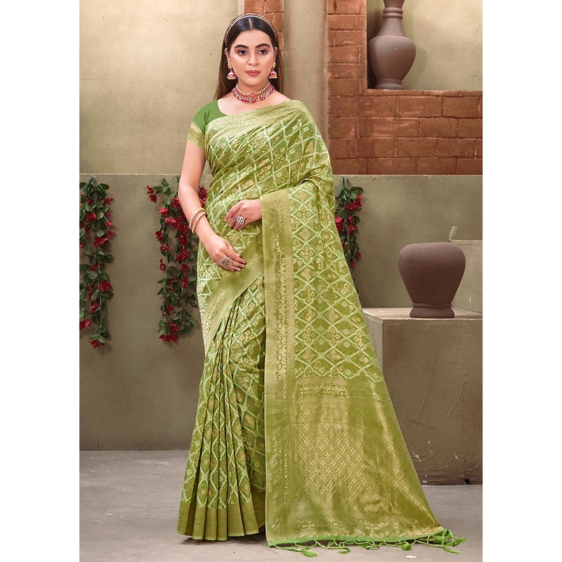 Green Cotton Saree With Blouse Piece - JD986580968