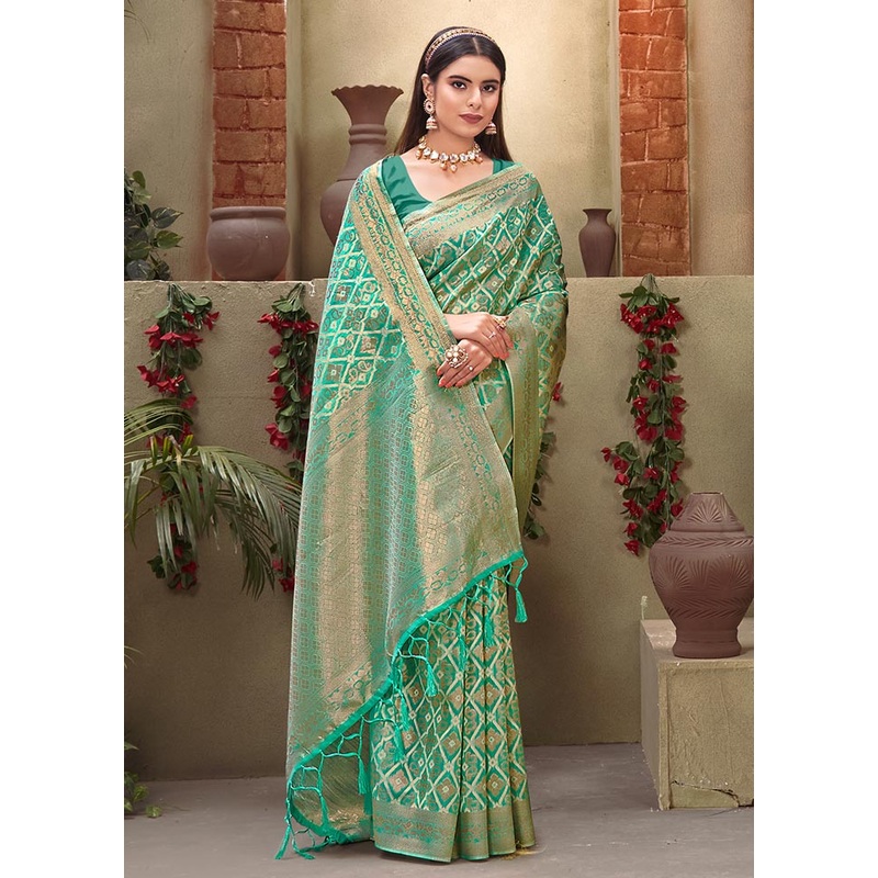 Green Cotton Saree With Blouse Piece - JD986580969