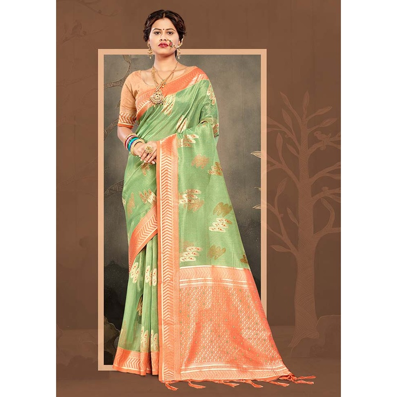 Green Cotton Saree With Blouse Piece - JD986580971