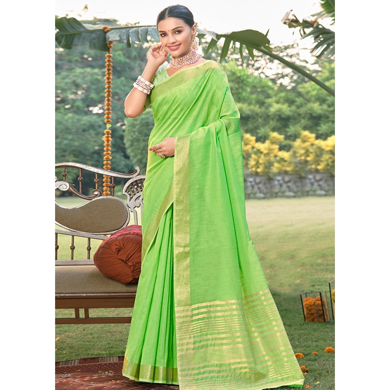 Green Cotton Saree With Blouse Piece - JD986580972