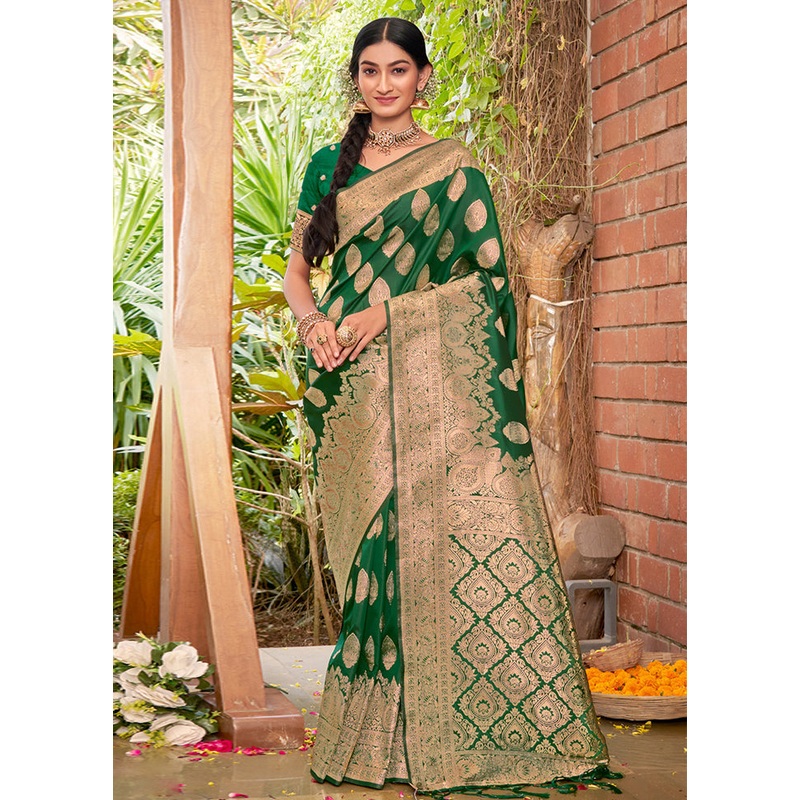 Green Dupion Silk Saree With Blouse Piece - JD986580975