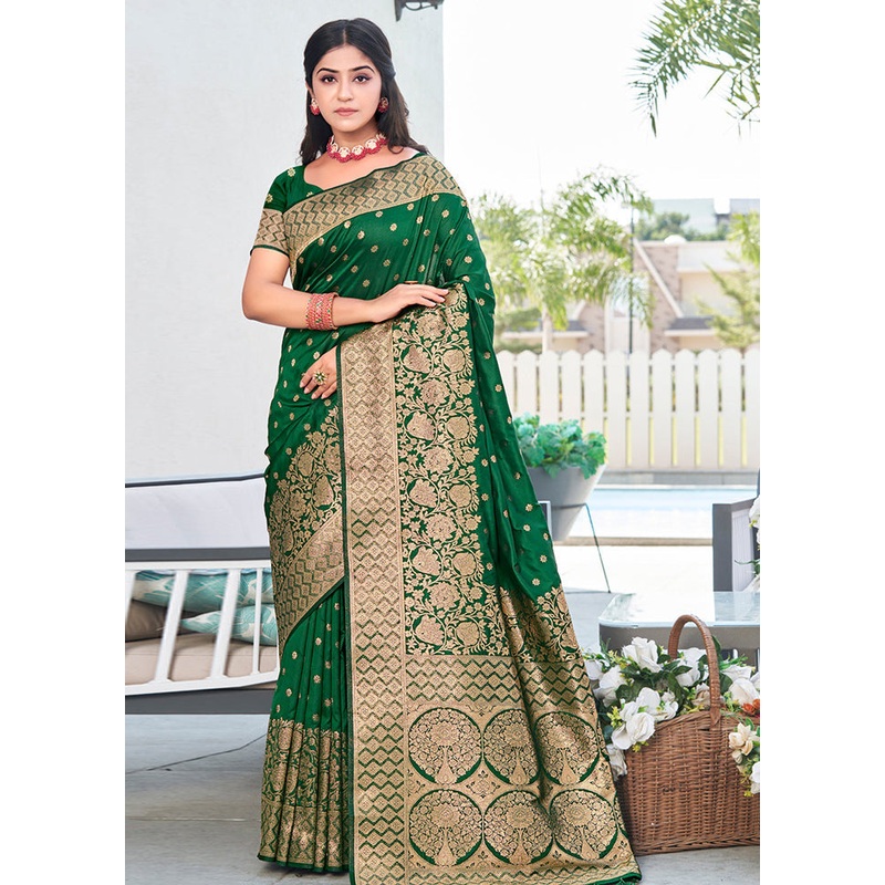 Green Dupion Silk Saree With Blouse Piece - JD986580976