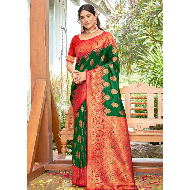 Green Dupion Silk Saree With Blouse Piece - JD986580977
