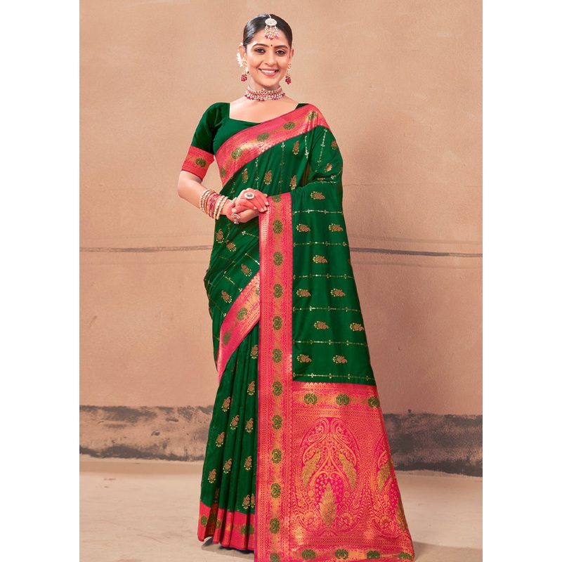 Green Dupion Silk Saree With Blouse Piece - JD986580978