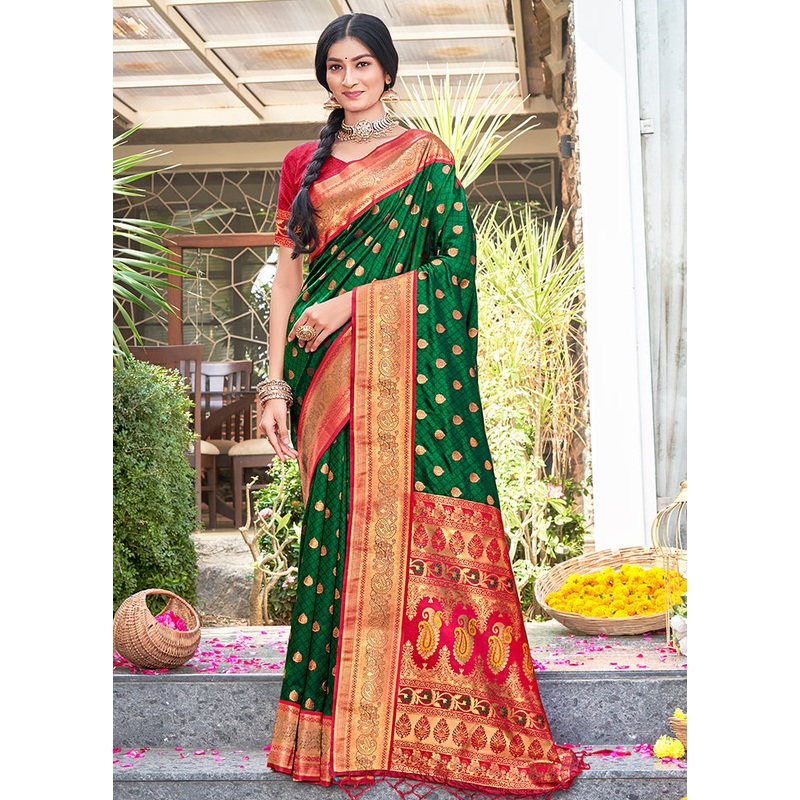 Green Dupion Silk Saree With Blouse Piece - JD986580980