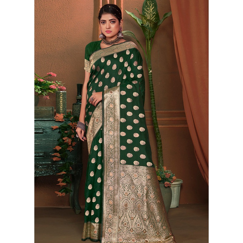 Green Dupion Silk Saree With Blouse Piece - JD986580981