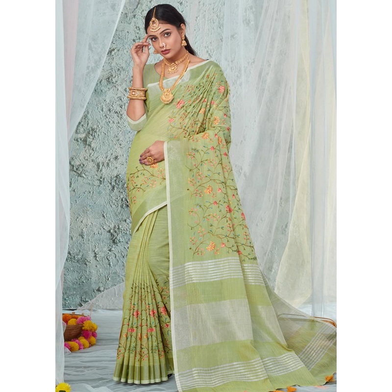 Green Linen Silk Saree With Blouse Piece - JD986580982