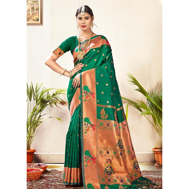 Green Paithani Silk Saree With Blouse Piece - JD986580986