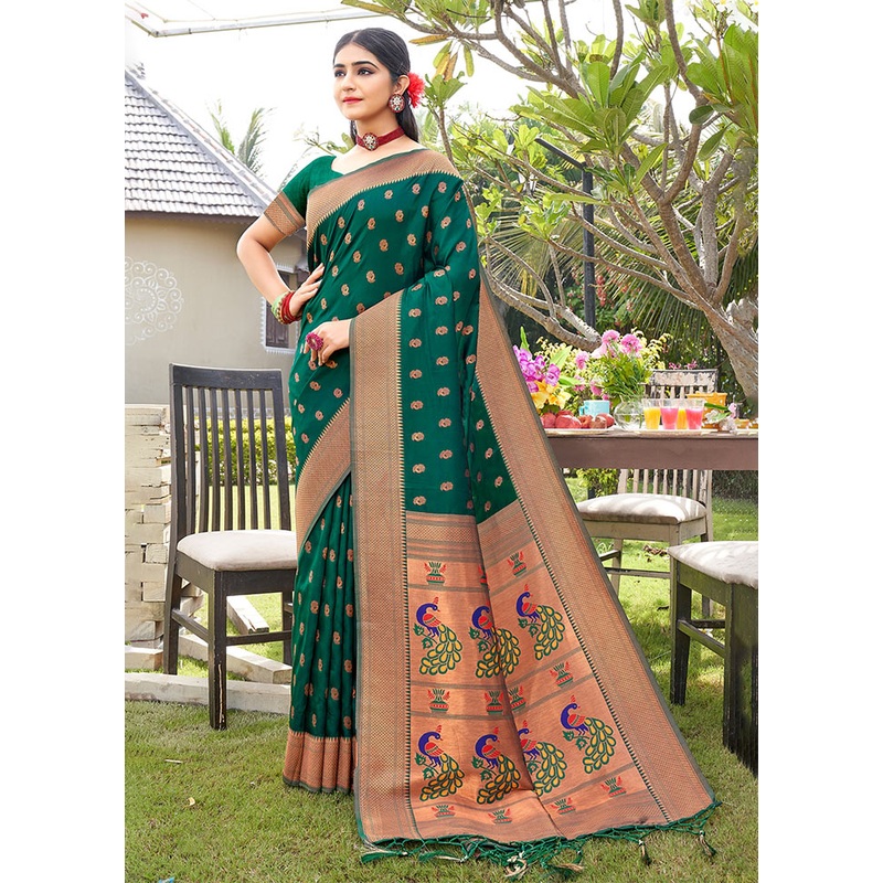 Green Spun Silk Saree With Blouse Piece - JD986580997