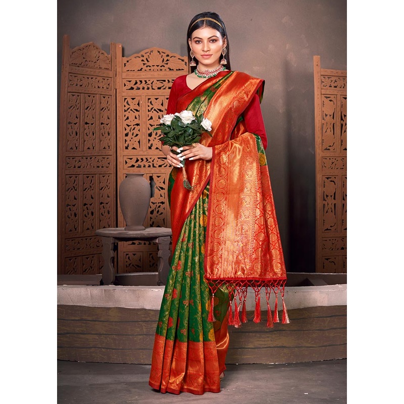 Green Spun Silk Saree With Blouse Piece - JD986580998