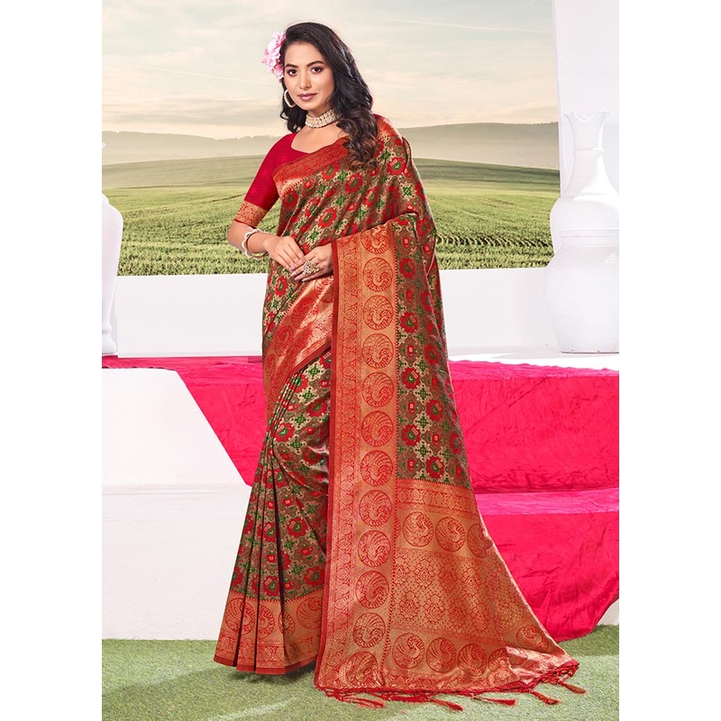 Green Spun Silk Saree With Blouse Piece - JD986580999
