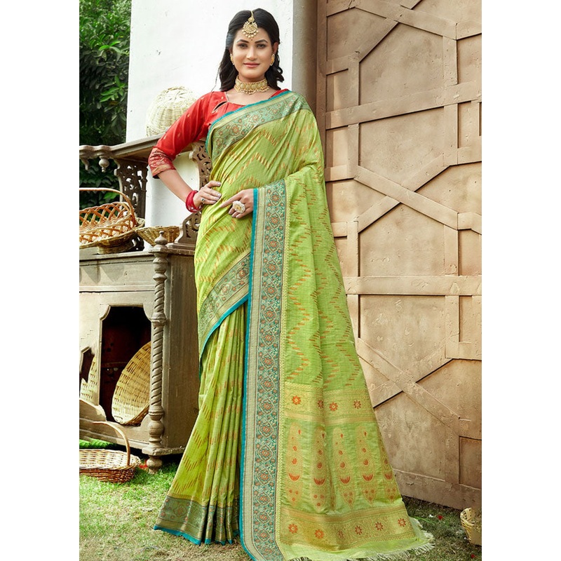 Green Spun Silk Saree With Blouse Piece - JD986581001