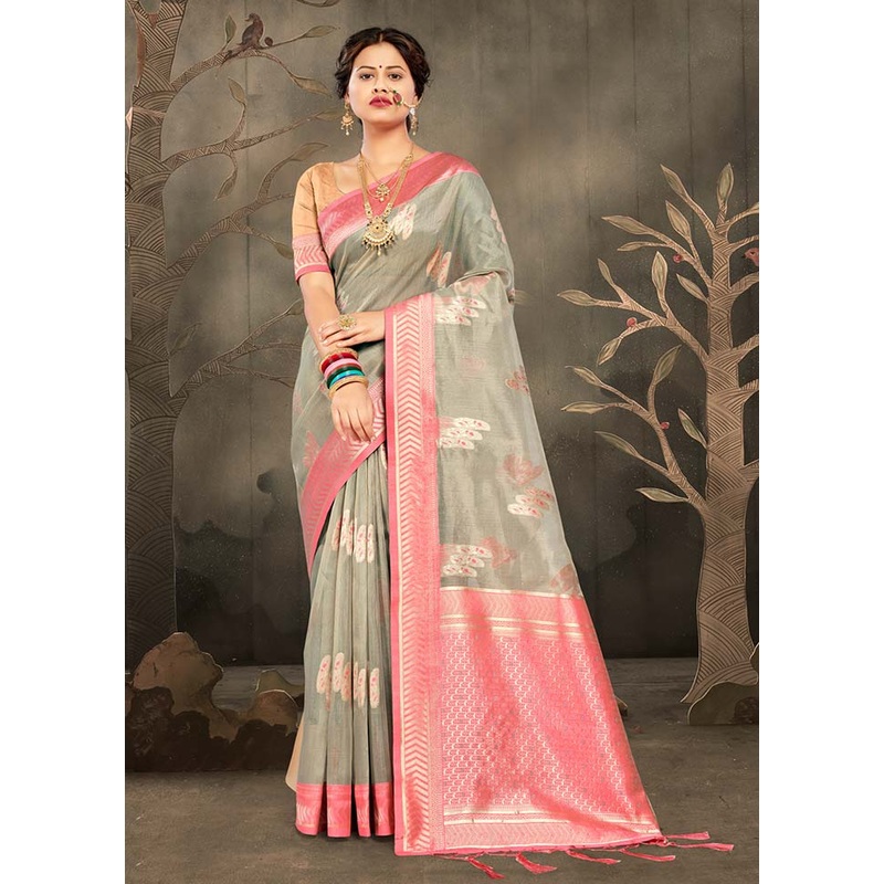 Grey Cotton Saree With Blouse Piece - JD986581000