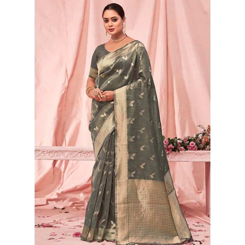 Grey Cotton Saree With Blouse Piece - JD986581003