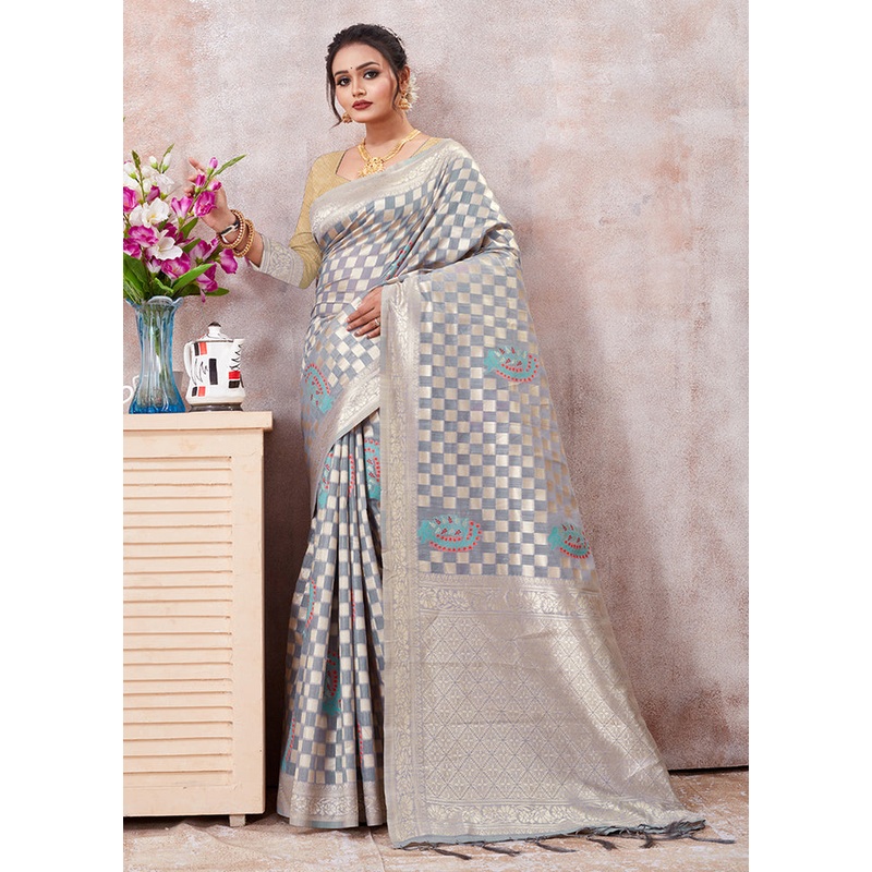 Grey Kota Cotton Saree With Blouse Piece - JD986581004