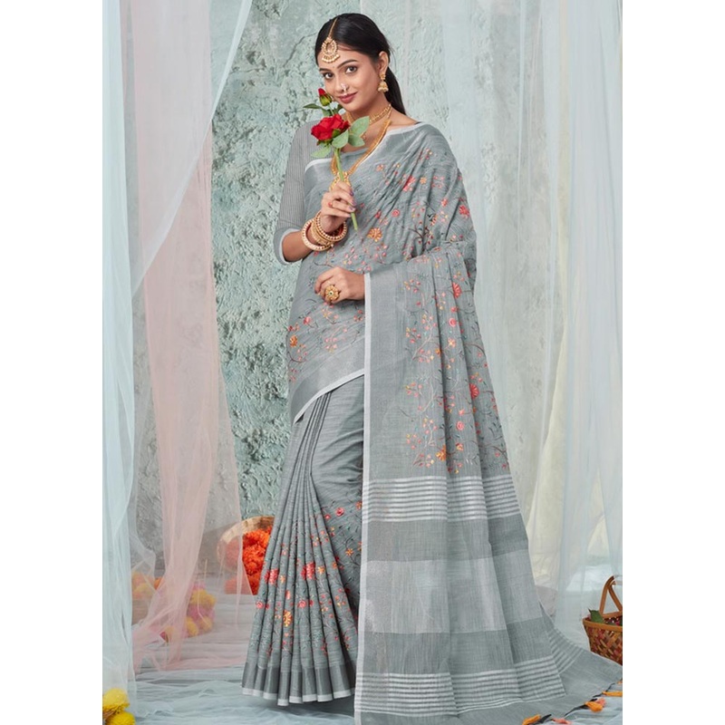 Grey Linen Silk Saree With Blouse Piece - JD986581006