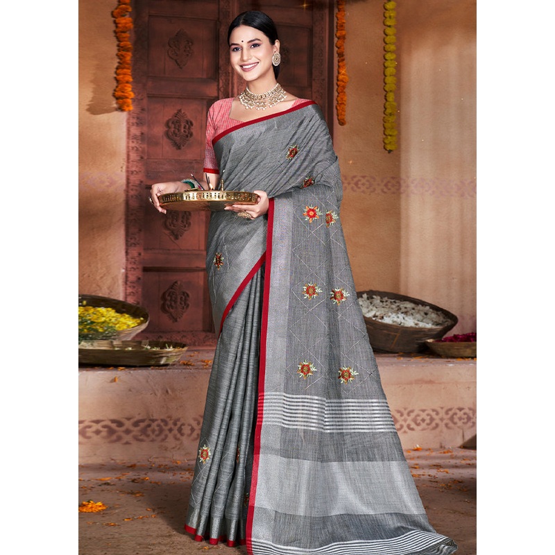 Grey Silk Saree With Blouse Piece - JD986581007