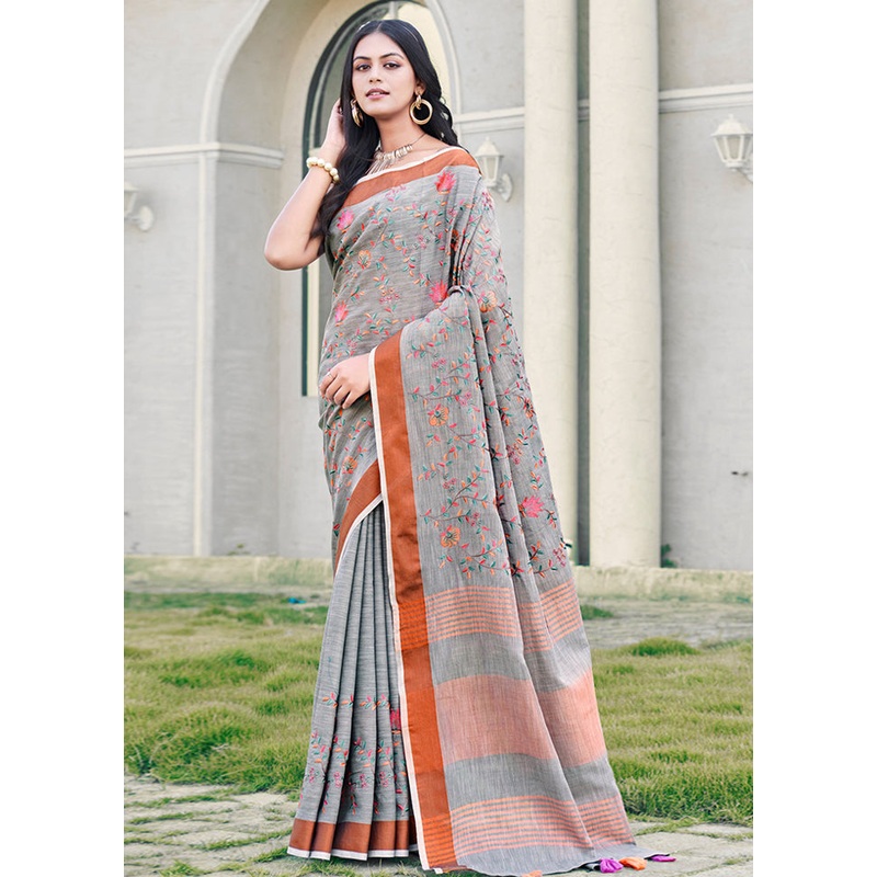 Grey Silk Saree With Blouse Piece - JD986581008