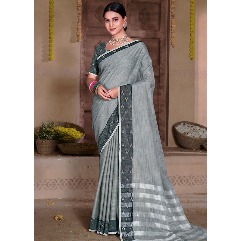 Grey Silk Saree With Blouse Piece - JD986581009