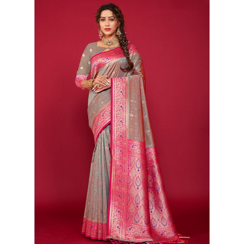 Grey Spun Silk Saree With Blouse Piece - JD986581011