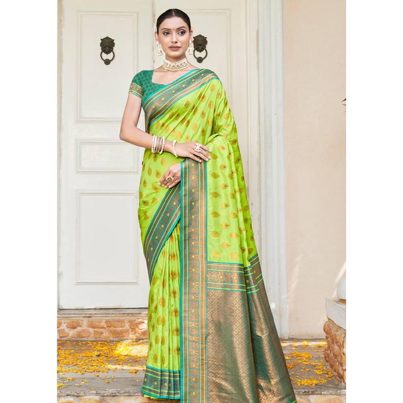 Light Green Dupion Silk Saree With Blouse Piece - JD986581012