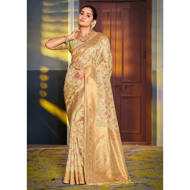 Light Green Spun Silk Saree With Blouse Piece - JD986581018