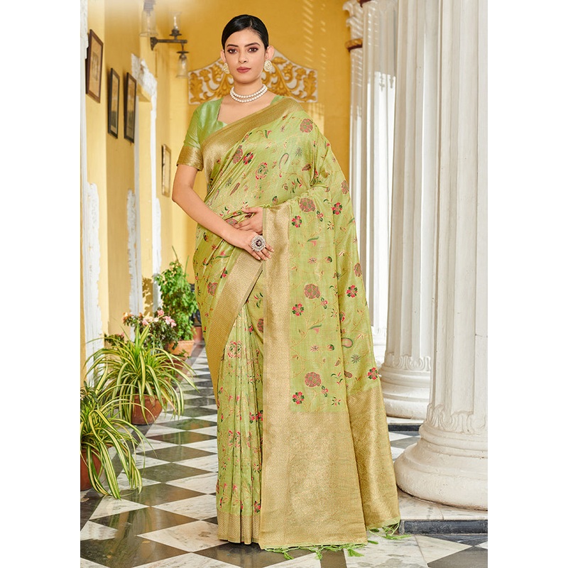 Light Green Spun Silk Saree With Blouse Piece - JD986581019