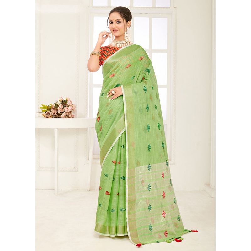 Light Green Spun Silk Saree With Blouse Piece - JD986581021