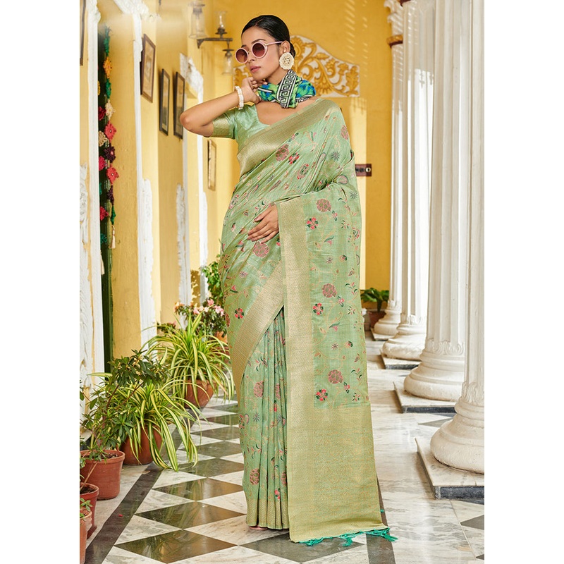 Light Green Spun Silk Saree With Blouse Piece - JD986581022