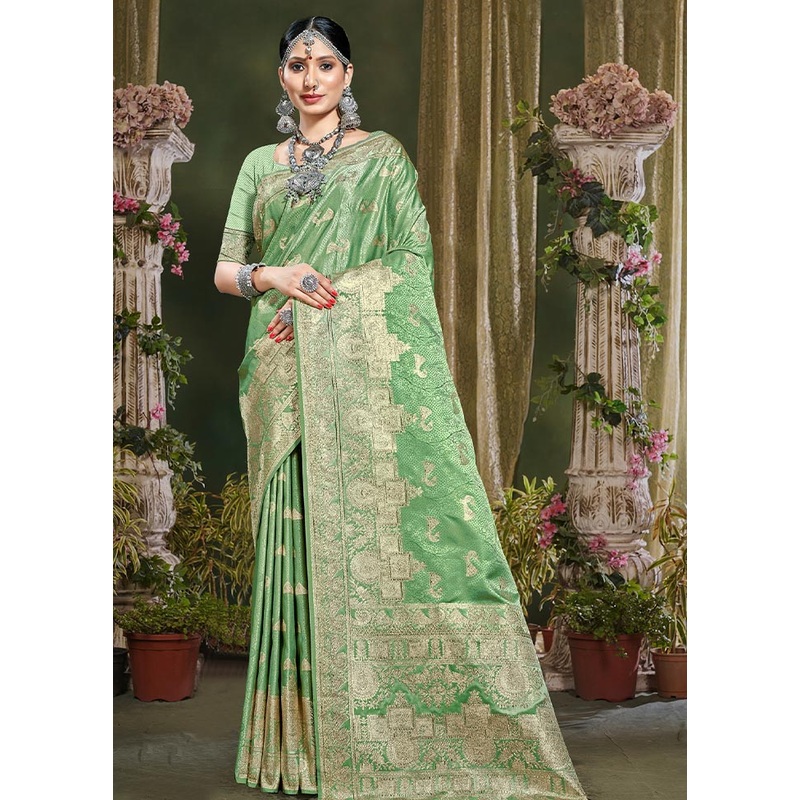 Light Green Spun Silk Saree With Blouse Piece - JD986581024