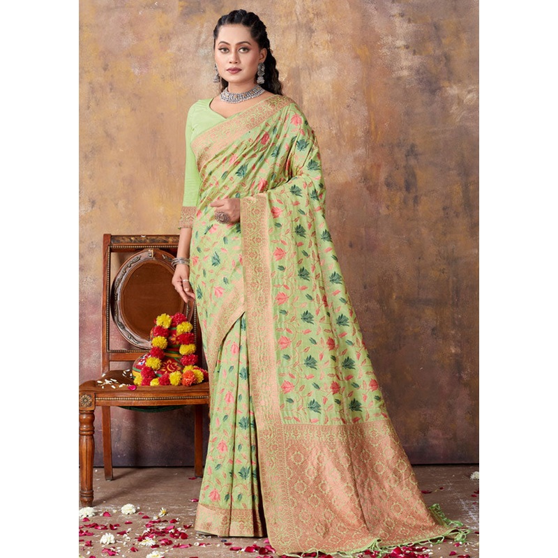 Light Green Spun Silk Saree With Blouse Piece - JD986581026