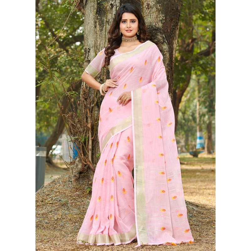 Light Pink Spun Silk Saree With Blouse Piece - JD986581036