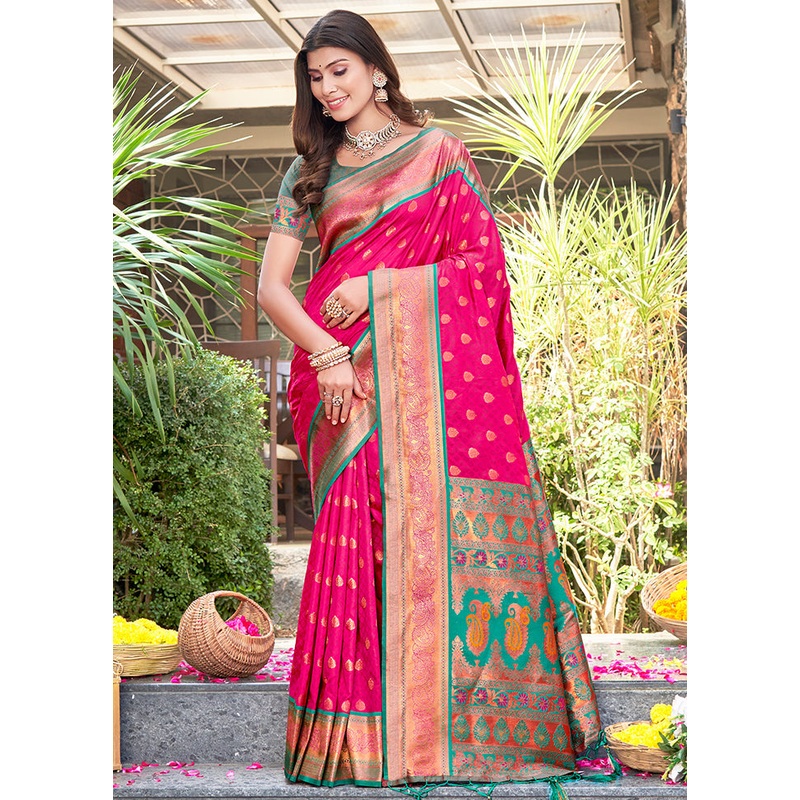 Magenta Dupion Silk Saree With Blouse Piece - JD986581039