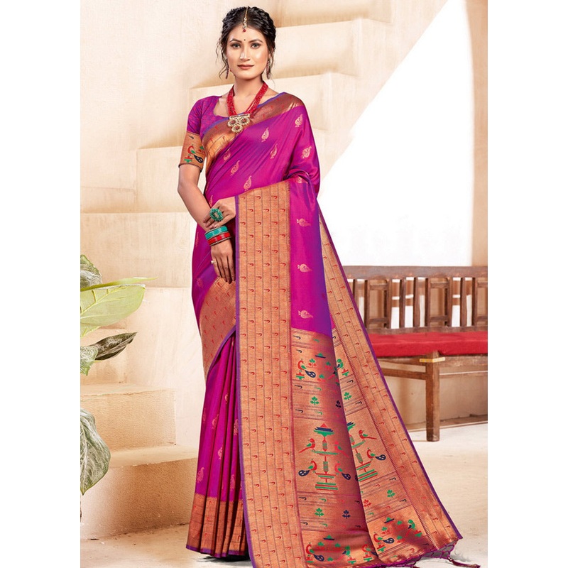 Magenta Spun Silk Saree With Blouse Piece - JD986581058