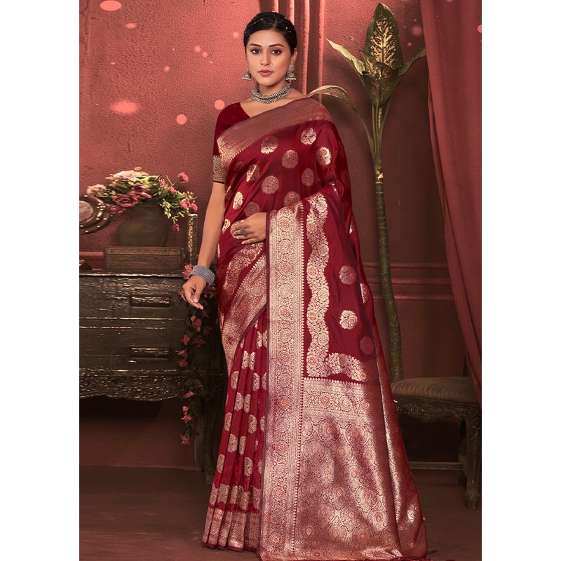 Maroon Dupion Silk Saree With Blouse Piece - JD986581059