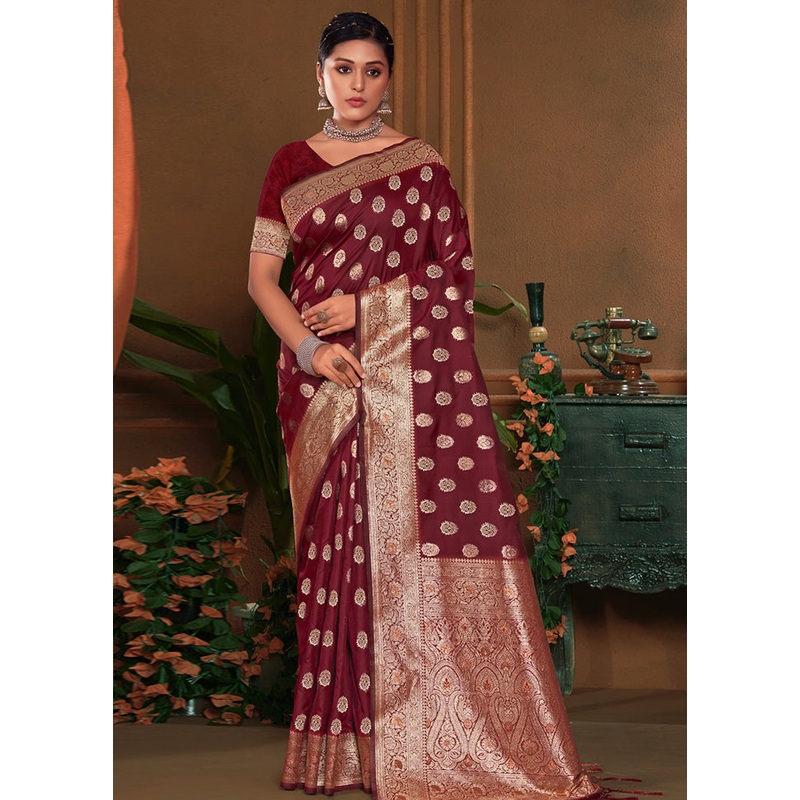 Maroon Dupion Silk Saree With Blouse Piece - JD986581062