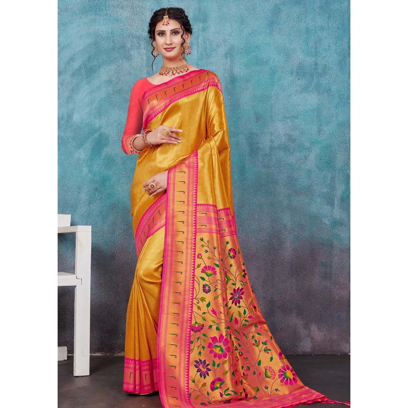 Mustard Paithani Silk Saree With Blouse Piece - JD986581064