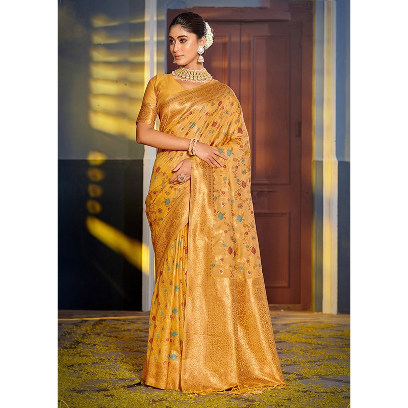 Mustard Spun Silk Saree With Blouse Piece - JD986581068