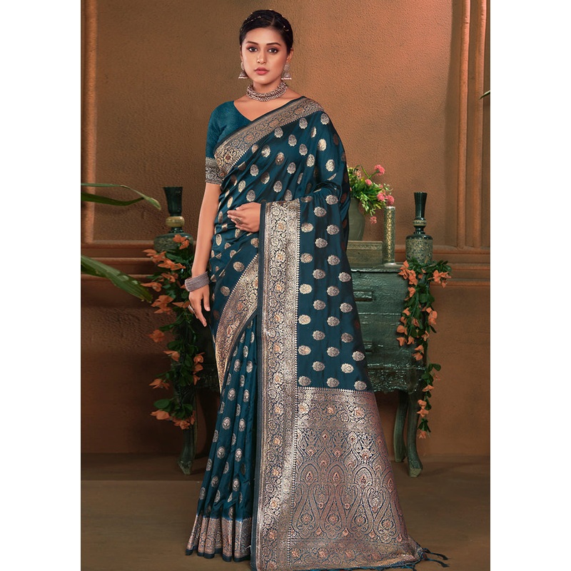 Navy Blue Dupion Silk Saree With Blouse Piece - JD986581072