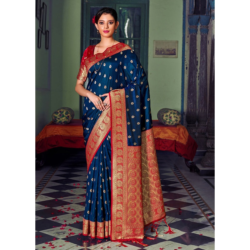 Navy Blue Spun Silk Saree With Blouse Piece - JD986581073